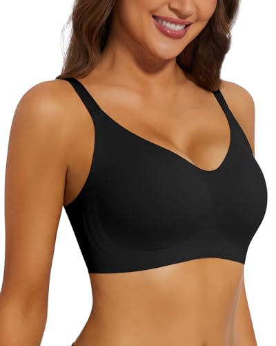 WOWENY Vollschalen BH Damen Ohne Bügel Push Up Bügelloser Nahtloser BH Gepolstert V-Ausschnitt Bralette Stützender Comfy Soft Tshirt Schlaf Klassische[Schwarz, 2XL] von WOWENY