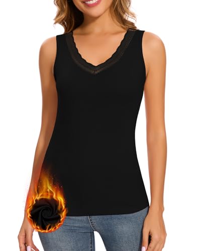WOWENY Warme Unterhemd Damen Thermo Tanktop Ärmellos Fleece Top mit Spitze V-Ausschnitt Untershirt Elegant Spitzentop Thermounterwäsche Winter(Schwarz,XL) von WOWENY