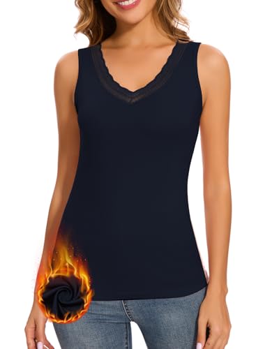 WOWENY Warme Unterhemd Damen Thermo Tanktop Ärmellos Fleece Top mit Spitze V-Ausschnitt Untershirt Elegant Spitzentop Thermounterwäsche Winter(dunkelblau,M) von WOWENY