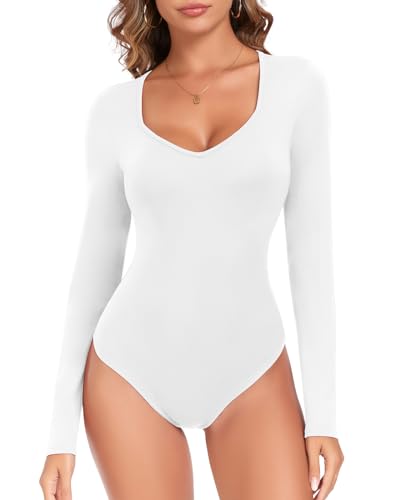 WOWNEY Body Damen Langarm, Bodysuit Oberteil Body Sexy Damenbody Schmal Bodysuits Tops Unterziehbody Elegant Body für Frauen,Weiß,L von WOWENY