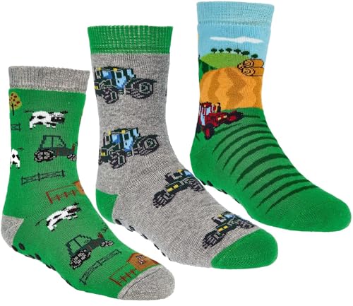WOWERAT Thermo-Kinder Söckchen RUTSCHFEST Vollfrottee gefüttert mit ABS 3 PAAR (Gr. 23-26, „Traktor“) von WOWERAT