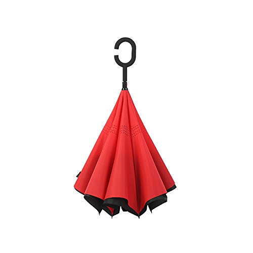WOWGADGET Umgedrehter Regenschirm mit C-Griff Rot - Reverse, Inverted Stockschirm/Sonnenschirm selbst stehend, Schutz vor Regen, Sturm, Sonne und UV-Strahlung. Mit Tragetasche. von WOWGADGET