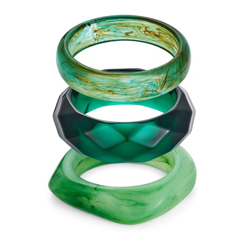 WOWORAMA 3 Teiliges Kunstharz Armreif Set für Damen Bunte Geometrische Acryl Armbänder Punk Klobige Acryl Armreifen Stapel Blaues Acetat Statement Klobigem Kunststoff Armband von WOWORAMA