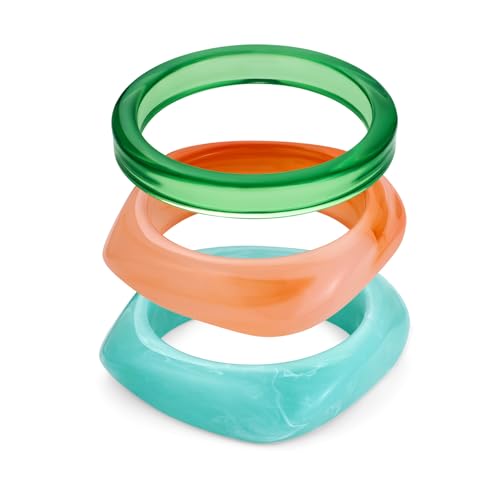 WOWORAMA 3 teiliges Acrylharz Armreif Set für Damen Quadratisch Bunt Klobige Acryl Armreifen Stapel Grün Acetat Klobige Armbänder Geometrisches Kunststoff Armband von WOWORAMA