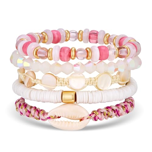 WOWORAMA 5 Teiliges Mehrlagiges Surfer Armband Set für Damen Mehrlagig Stapelbar Dehnbare Perlenarmbänder Stapelbar Boho Verstellbar Sommer Hawaii Muschelarmband von WOWORAMA