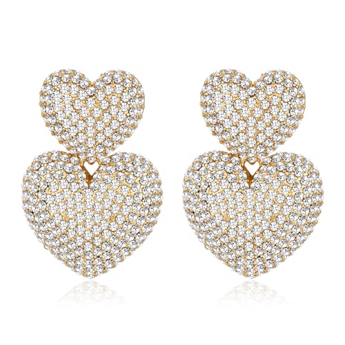 WOWORAMA CZ Herz Ohrhänger für Damen funkelnde Strass Statement Ohrringe trendige Doppelherz Tropfenohrringe Schmuckgeschenk für Hochzeit und Valentinstag von WOWORAMA