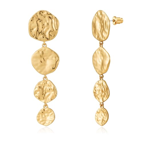 WOWORAMA Gehämmerte Ohrhänger für Damen trendige Statement Ohrringe Vintage runde Scheiben baumelnde Ohrringes vergoldet lange Ohrringe von WOWORAMA