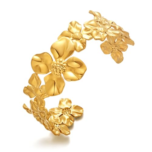 WOWORAMA Gehämmerte Blumenarmbänder für Damen Vintage Blumen Statement Armreif vergoldet Blumen Armreif WOWORAMA Gehämmerte Blumenarmbänder für Damen Vintage Blumen Statement Armreif vergoldet Blumen Armreif von WOWORAMA
