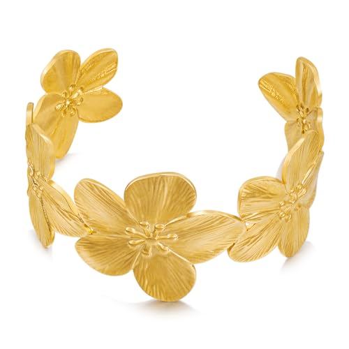WOWORAMA Gold Blumenarmband für Frauen Weite Blumige Chunky Cuff-Armbänder Vintage Boho Gänseblümchen Blumen Armband Mattes Gold Statement Bangle-Armband von WOWORAMA
