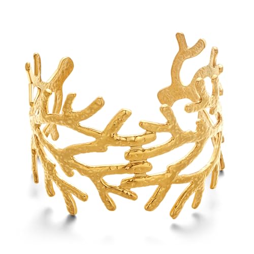 WOWORAMA Goldene Korallenriff Manschettenarmbänder für Damen gehämmert breit klobig Meereskoralle unregelmäßig Boho Strandmuschel Statement Armband von WOWORAMA
