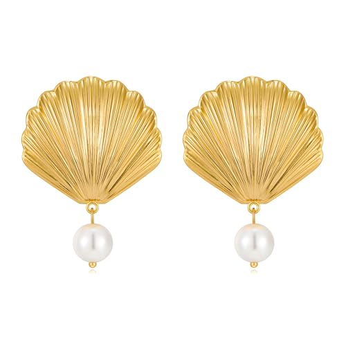 WOWORAMA Gold Muschel Ohrhänger für Damen Klobige Muschelperlen Ohrringe Sommer Strand Ohrhänger Statement Gold Ohrringe von WOWORAMA