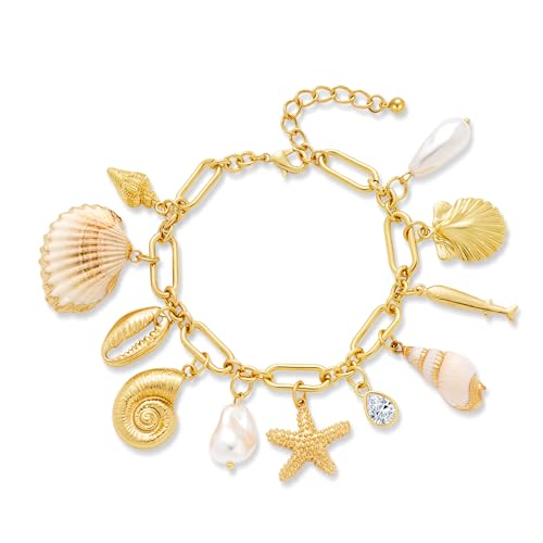 WOWORAMA Gold Ozean Muschel Armband für Damen Klobiges Gold Muschel Seestern Charm Armband Verstellbar Strand Meerjungfrau Armbänder Schmuck von WOWORAMA