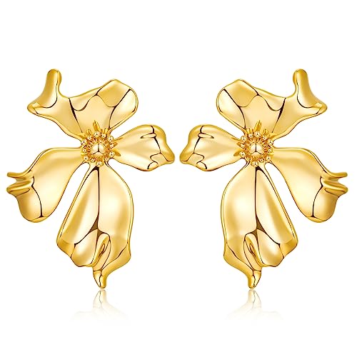 WOWORAMA Goldene Blumenohrringe für Damen 18 Karat vergoldet skulpturale Blumenohrstecker Boho Stil übertriebene Statement Ohrringe polierte Metall Blumenohrringe von WOWORAMA