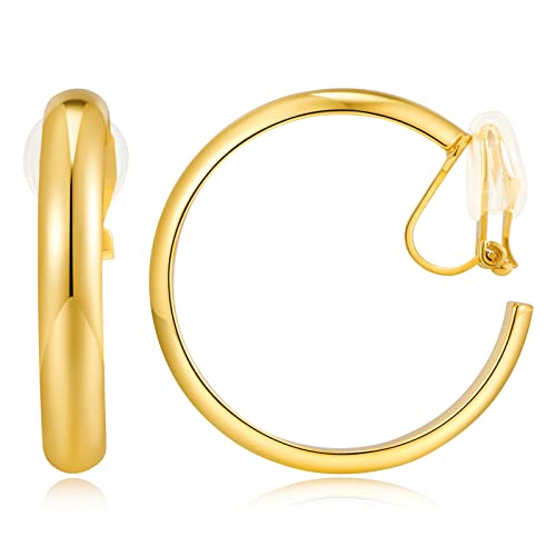 WOWORAMA Goldene Clip Creolen Ohrringe für Damen 30mm Große Chunky Clip Ohrringe ohne Piercing - 30mm Goldene Flache Creolen Ohrring von WOWORAMA