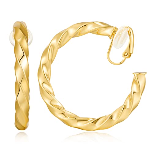 WOWORAMA Goldene Clip Hoop Ohrringe für Damen 40mm Große Gedrehte Clip Creolen Nicht Gepiercte Creolen - 40mm Goldene Gedrehte Ohrringe von WOWORAMA