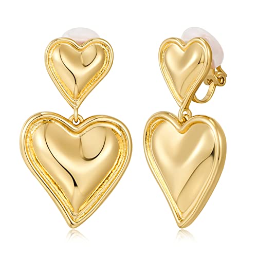 WOWORAMA Goldene Herz Clip Ohrringe für Damen polierte Liebesherz Doppelherz Tropfenohrringe Herz Statement Clip Ohrringe Valentinstagsgeschenke von WOWORAMA