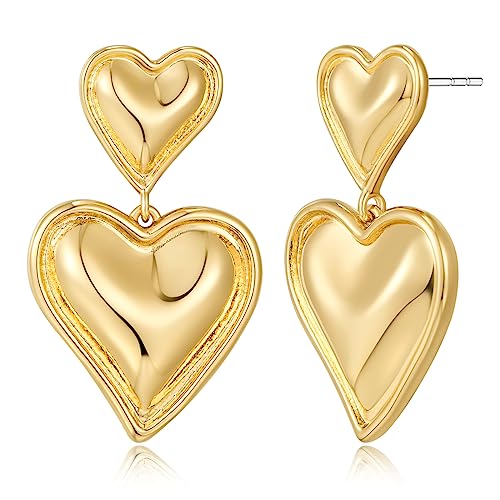 WOWORAMA Goldene Herzohrringe für Damen 14 Karat vergoldet Herz Ohrhänger Doppelherz Tropfenohrringe poliertes Gold Statement Ohrringe von WOWORAMA