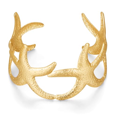 WOWORAMA Goldene Seestern Cuff Armbänder für Frauen Gehämmertes Chunky Seestern Muschel Armband Sommer Strand Statement Armband Boho Muschel Cuff Bangle von WOWORAMA