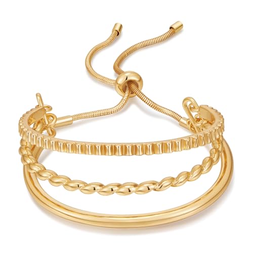 WOWORAMA Gold Armreife mit mehreren Lagen für Damen mehrlagige verstellbare Schiebearmbänder goldenes Bolo Armband mit gebogenen Balken stapelbares Freundschaftsarmband von WOWORAMA