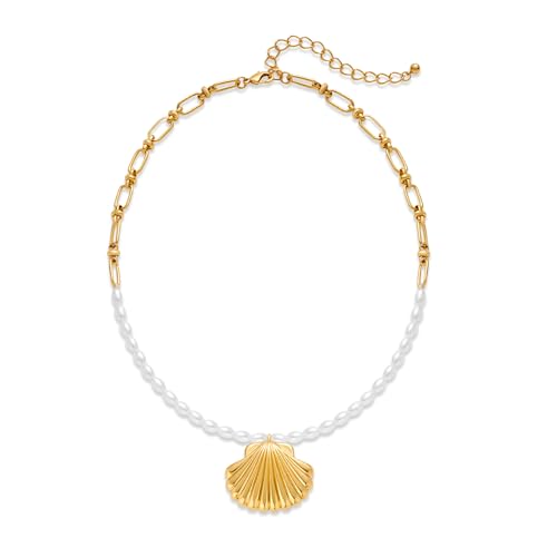 WOWORAMA Goldfarbene Perlen Muschel Halskette für Damen Zierliche Halsketten Jakobsmuschel Anhänger Verstellbare Perlen Gliederkette Choker Halskette Sommer Strand Muschel Halsketten Schmuck von WOWORAMA