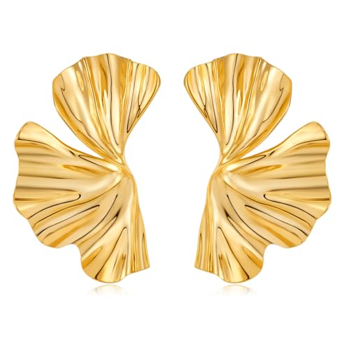 WOWORAMA Große goldene Blumenohrringe für Damen Boho Stil geometrische Sektorohrringe gestreifte florale Blatt Tropfenohrringe übertrieben klobige Statement Goldohrringe von WOWORAMA