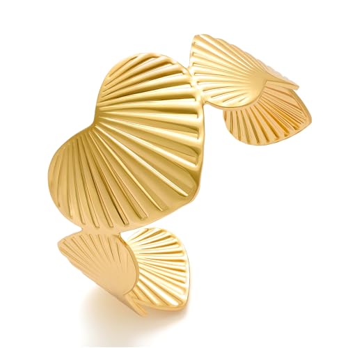 WOWORAMA Herz Anhänger Armreif für Damen vergoldet gestreift Herz Armband Muschel breiter Muschel Statement Armreif von WOWORAMA