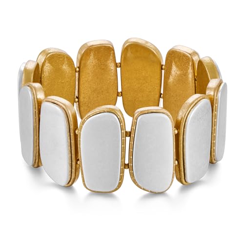 WOWORAMA Klobige Stretch Armreifen für Damen Vintage matt Gold Silber Breite Armreifen Zweifarbig Gemischte Metalle Statement Armband Große Verstellbare Armbänder von WOWORAMA
