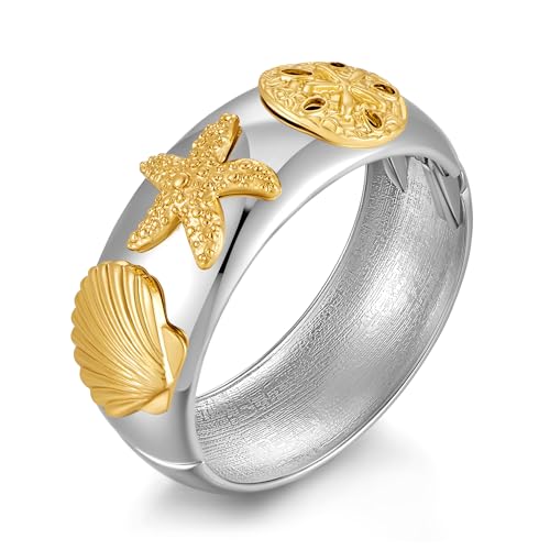 WOWORAMA Klobige silberne Armreifen für Damen trendiges Muschel Seestern Armband Boho Sommer Strand Statement Armband dicke silberne klobige Manschettenarmreifen von WOWORAMA