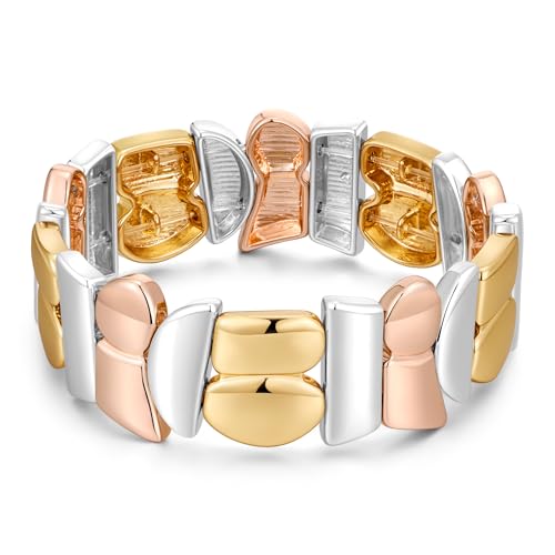 WOWORAMA Klobiges Gemischten Metallen Armband für Damen Zweifarbig Dehnbare Armreifen Verstellbar Elastisch Roségold Silber Statement Armbänder Schmuck von WOWORAMA
