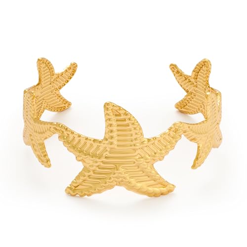 WOWORAMA Klobiges Seestern Armband für Damen Goldstruktur Seestern Muschel Armreif Boho Muschel Sommer Strand Statement Armbänder von WOWORAMA