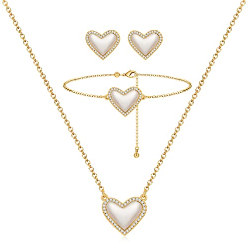 WOWORAMA Liebesherz Schmuckset Perlmutt Herzanhänger Halskette mit Herzanhänger Armband mit Ohrstecker Schmuckset Valentinstagsgeschenk für Frauen Mädchen Ehefrau von WOWORAMA