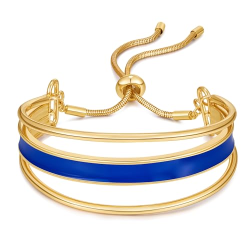 WOWORAMA Mehrschichtige verstellbare Schiebearmbänder für Damen blaue mehrlagige Armreifen stapelbares Freundschaftsarmband goldenes Bolo Armband mit gebogenem Balken von WOWORAMA
