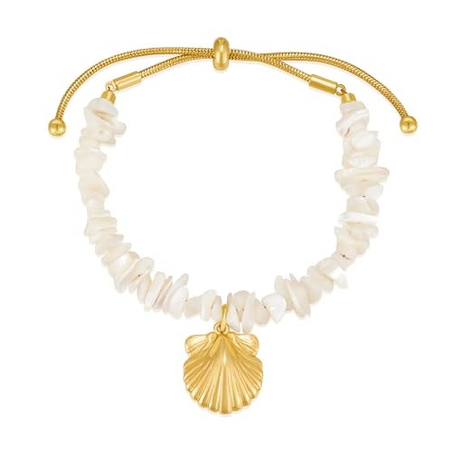 WOWORAMA Muschelarmband für Damen Armband mit weißen Muschelperlen und goldenem JakobsmuschelCharmArmband Boho Hawaii Muschel Schiebearmband von WOWORAMA