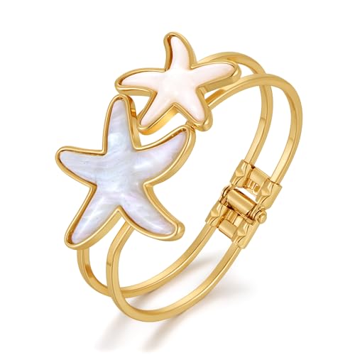 WOWORAMA Muschel Seestern Armband für Damen Blau Gold Seestern Manschettenarmbänder Doppelt Klobiges Harz Seestern Manschette Sommerarmband Strand Ozean Muschel Armbänder von WOWORAMA