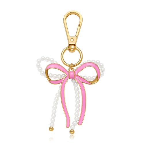 WOWORAMA Schlüsselanhänger mit Perlenschleife für Taschen Geldbörsen Damen süßer rosa Schleifen Taschenanhänger Perlenschleife Schlüsselanhänger Zubehör für Handtaschen Rucksäcke von WOWORAMA