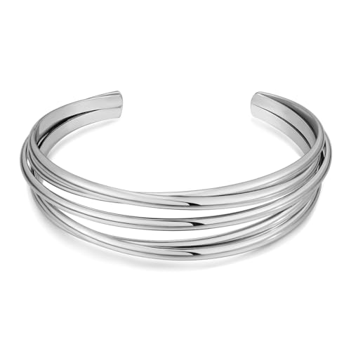WOWORAMA Silberne Armreifen für Damen verstellbar auffällig klobiges Armband mehrlagige Armreifen mit gekreuzten Drähten silbernes Armreif Armband mit Hohldraht von WOWORAMA