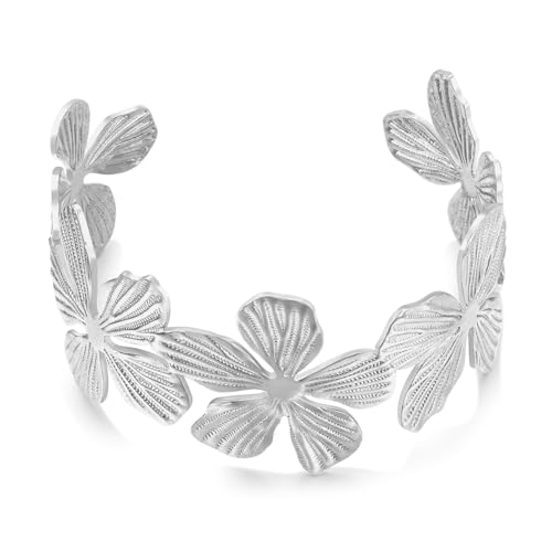 WOWORAMA Silbernes Blumenarmband für Frauen Boho Vintage Blumiges Blumenarmband Weite Chunky Cuff-Armbänder Statement Bangle-Armband von WOWORAMA