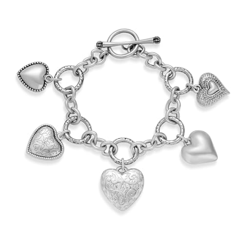 WOWORAMA Silbernes Herzarmband für Damen bauschige klobige Herzarmbänder Vintage Statement Armband aus mattiertem Silber mit eingravierten Herzanhängern Knebelarmbänder von WOWORAMA
