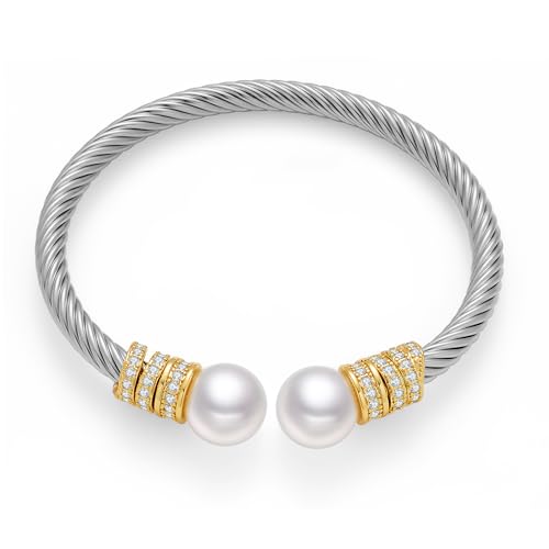 WOWORAMA Silbernes Manschettenarmband aus Kabeldraht für Damen zweifarbig Statement Armreif gemischte Metalle klobige Manschettenarmbänder verstellbarer Schmuck von WOWORAMA