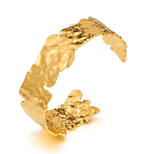 WOWORAMA Unregelmäßiges Hammered Cuff Armband für Damen Breites Chunky Armreif Boho Vintage Statement Goldarmband Verstellbares Gold Cuff Armband von WOWORAMA