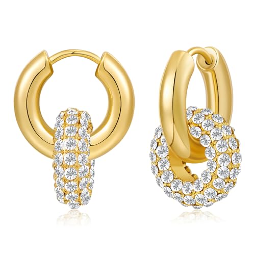 WOWORAMA Wandelbare goldene Huggie Creolen für Damen, doppelte Interlock Creolen kleine klobige trendige glänzende CZ Infinity Klobige Huggie Ohrringe von WOWORAMA