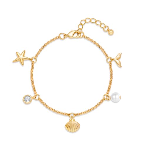 WOWORAMA Zierliches goldenes Muschelarmband für Damen verstellbar goldenes Strand Charm Armband Seestern Muschel Meerjungfrau Perlen Gliederarmband WOWORAMA Zierliches goldenes Muschelarmband für Damen verstellbar goldenes Strand Charm Armband Seestern Muschel Meerjungfrau Perlen Gliederarmband von WOWORAMA