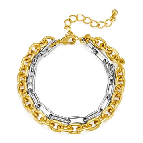 WOWORAMA Zwei-Ton Schicht Chain Armbänder für Frauen Verstellbare Cuban Paperclip Chain Armband Stapelbare Chunky Gold Silber Link Armbänder von WOWORAMA