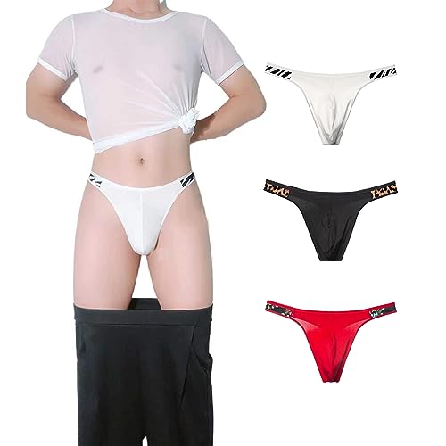 WOWSKY Herren Tanga aus Baumwolle - Sexy Low Rise G-String T-Rücken für Sport (3er Pack), Zebra White/Rose Red/Leopard Black, Medium von WOWSKY