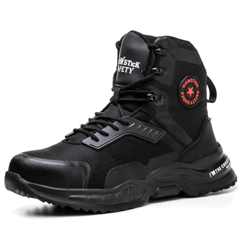 WOWSTICK Leichte Arbeitsschutzstiefel mit Stahlkappe, atmungsaktive Konstruktion, Sport-Tennisschuhe, Rot/Ausflug, einfarbig (Getaway Solids), 10 Women/8.5 Men von WOWSTICK