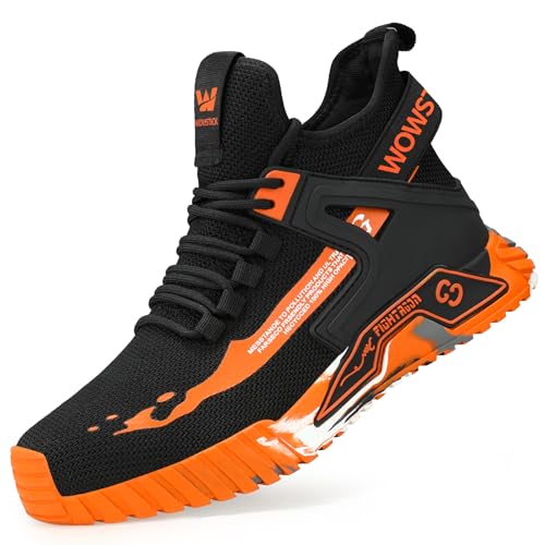 WOWSTICK Leichte Arbeitssicherheits-Tennisschuhe mit Stahlkappe, langlebig, atmungsaktiv, leichte Konstruktion, Orange/Abendrot im Zickzackmuster (Sunset Chevron), 7.5 Women/6 Men von WOWSTICK