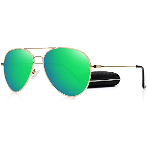 WOWSUN Classic Polarized Sonnenbrille für Damen Herren mit Etui (Grüne Linse goldener Rahmen) von WOWSUN