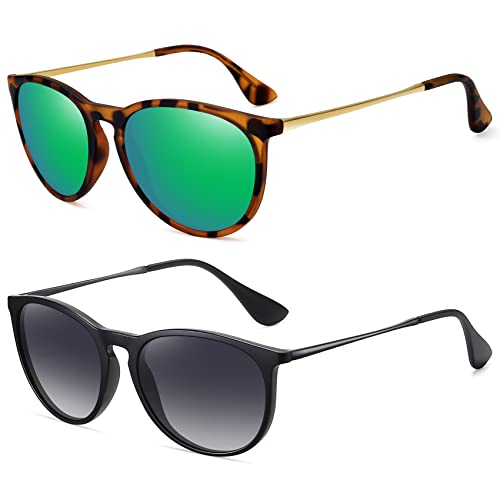 WOWSUN Polarisierte Sonnenbrille für Frauen Vintage Retro Runde verspiegelte Gläser (Schwarz+Grün) von WOWSUN