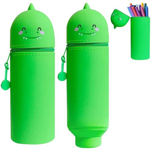 WOXFUWOXFU Grüner Dino Stiftbox & Federmäppchen 2-in-1 | Steh-Etui aus weichem Silikon, H 20, cm | Lustiger Büroorganizer für Schule | Stiftehalter für Mädchen & Junge von WOXFUWOXFU