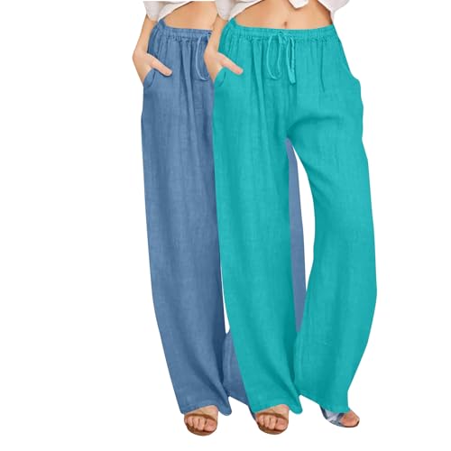 2 Stück Sommerhose Damen Leicht, Sommer Leinenhose Weites Bein Freizeithose Lässige Palazzo Hosen Leinen Strandhosen Elegant Jogginghose Luftige Stoffhose mit Tunnelzug Yogahose für Urlaub Strand von WOXIHUAN